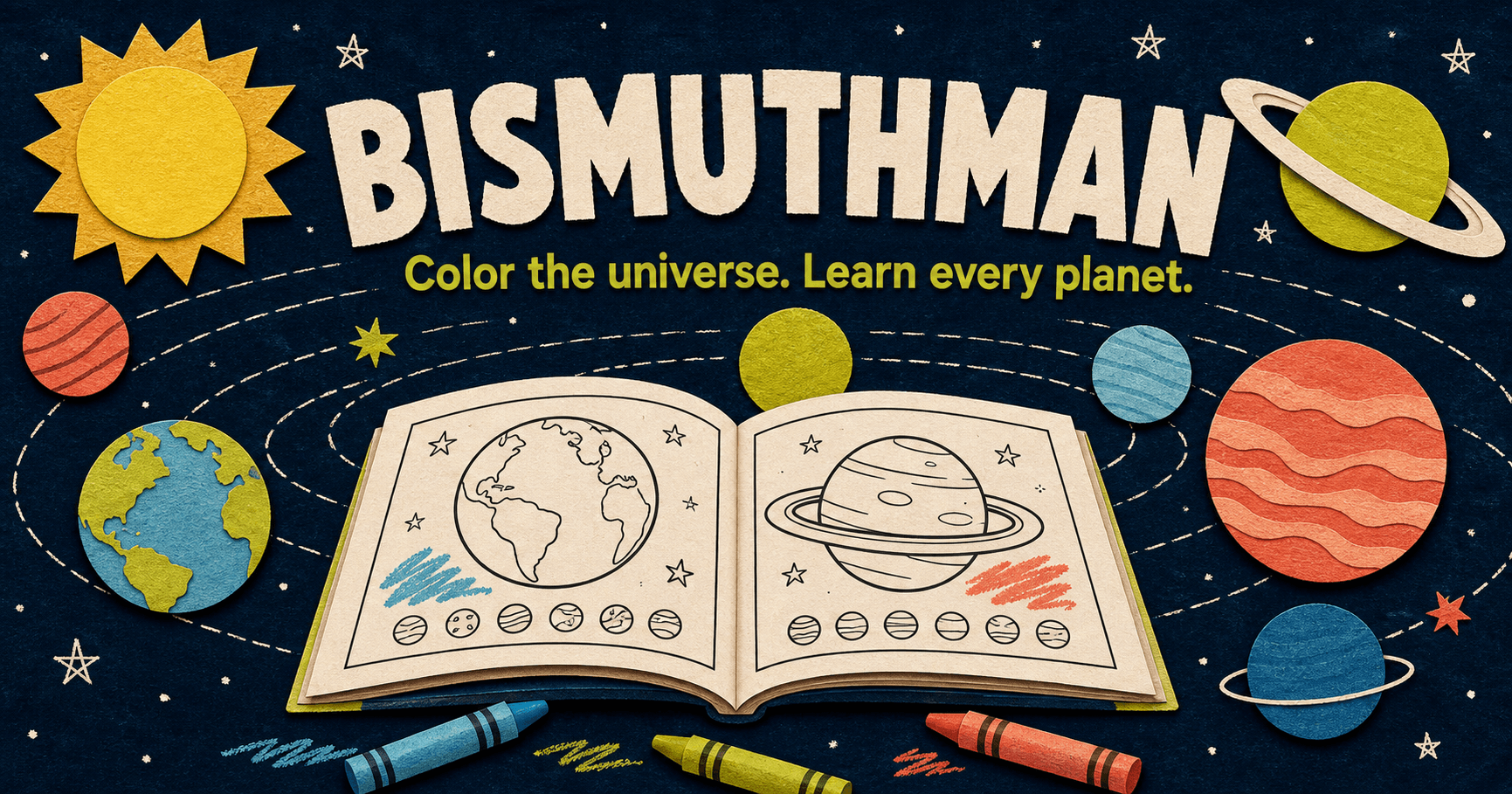 A colorful paper-cut solar system and open coloring book